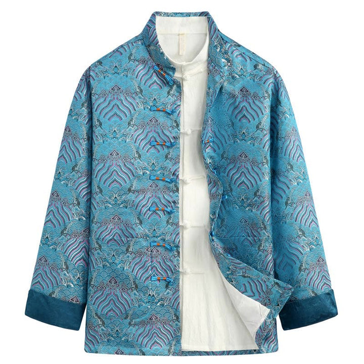 Buddha Stones Chinese New Year Jacquard Damask Seawater Pattern Frog-button Tang Suit Men's Jacket Shirt With Pockets