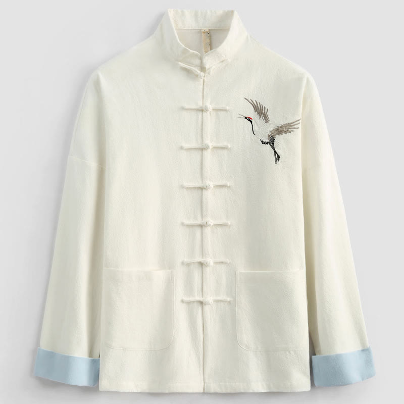 Buddha Stones Chinese New Year Crane Embroidery Tang Suit Hanfu Long Sleeve Top Pants Clothing  Cotton Linen Men's Set With Pockets - image 5