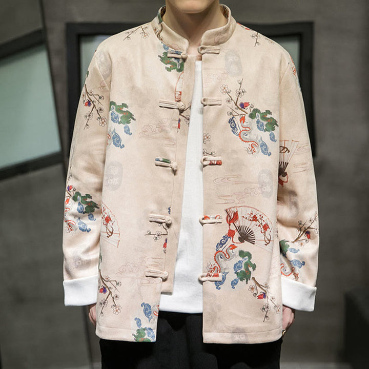 Buddha Stones Chinese New Year Clothes Flowers Dragon Fan Auspicious Clouds Frog-button Tang Suit Cotton Men's Jacket Shirt  - NavajoWhite - US/UK/AU46，EU56 (5XL) - image 6