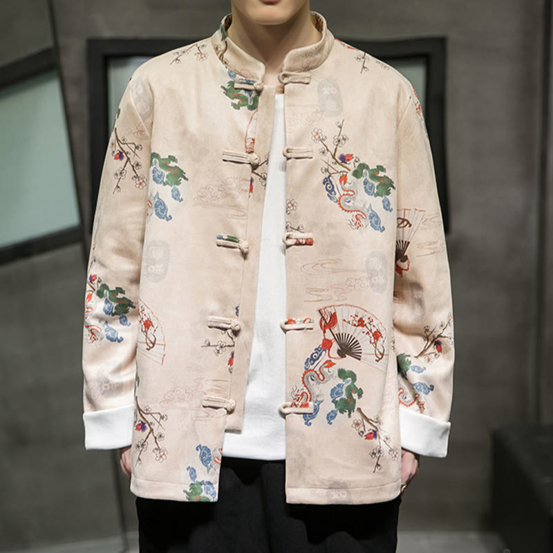 Buddha Stones Chinese New Year Clothes Flowers Dragon Fan Auspicious Clouds Frog-button Tang Suit Cotton Men's Jacket Shirt  - image 12