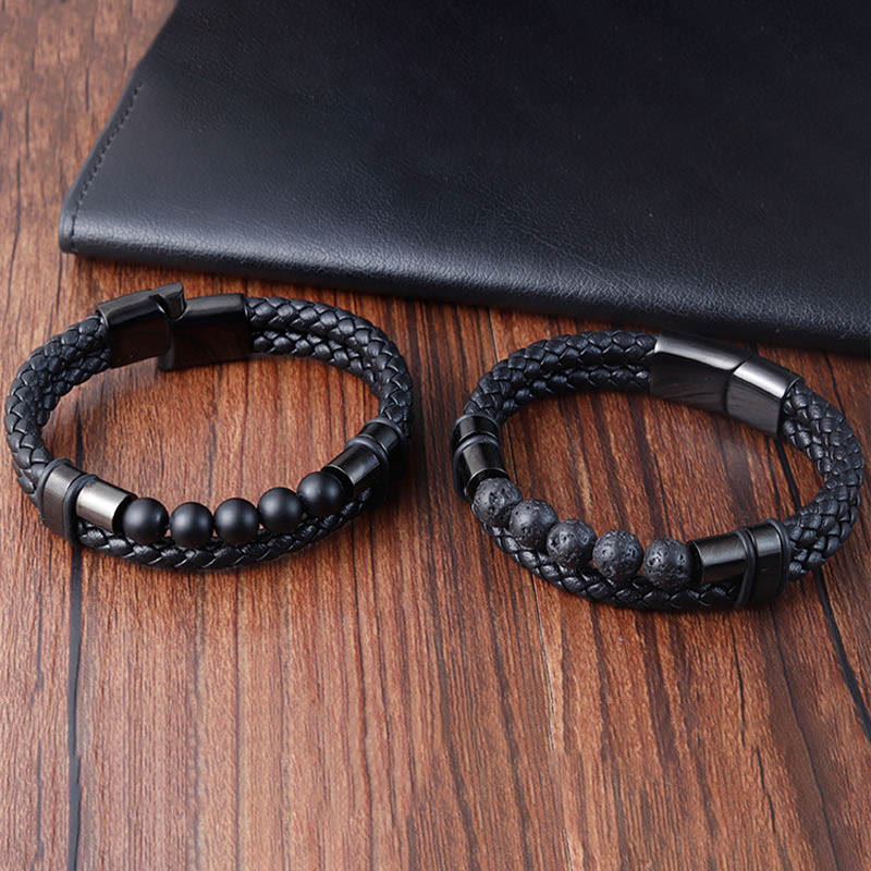 Buddha Stones Lava Rock Frosted Stone Healing Leather Magnetic Buckle Bracelet - image 2