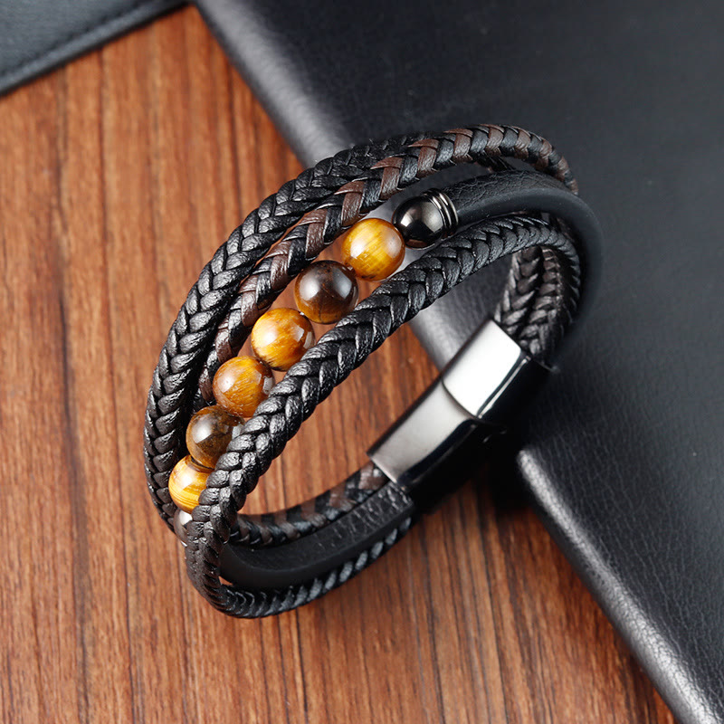 Buddha Stones Tiger Eye Stone Protection Leather Bracelet - image 3