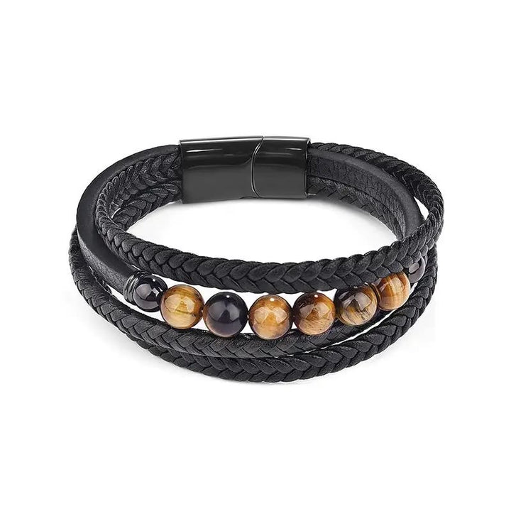 Buddha Stones Tiger Eye Stone Protection Leather Bracelet