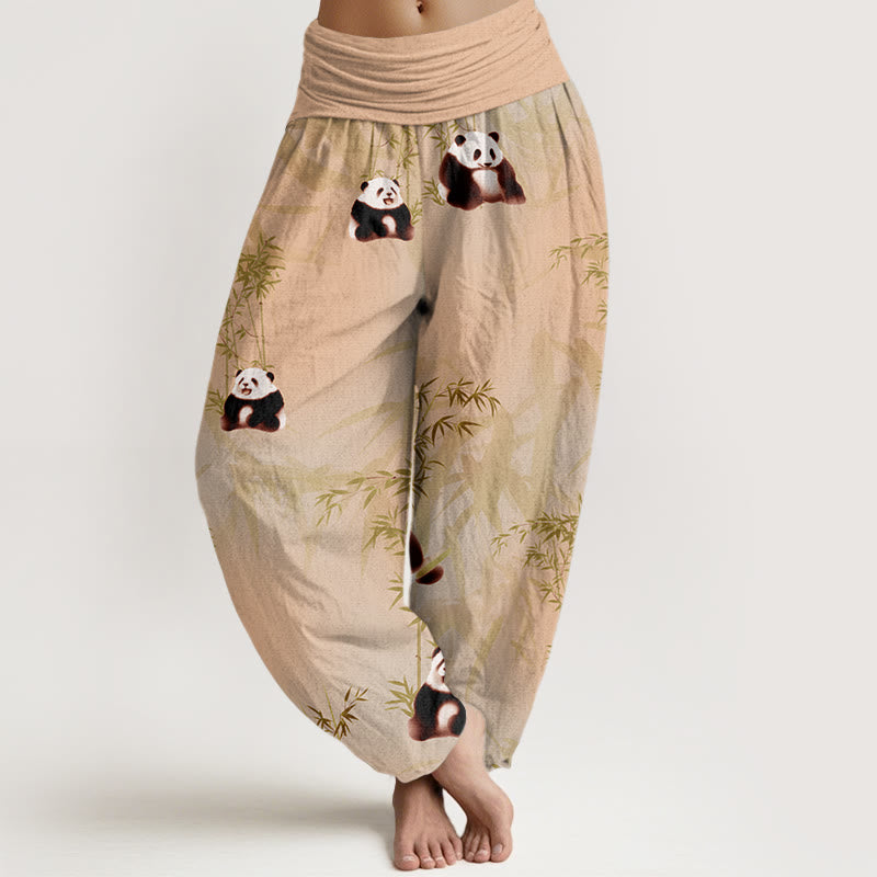 Buddha Stones Panda Bamboo Pattern Women's Elastic Waist Harem Pants