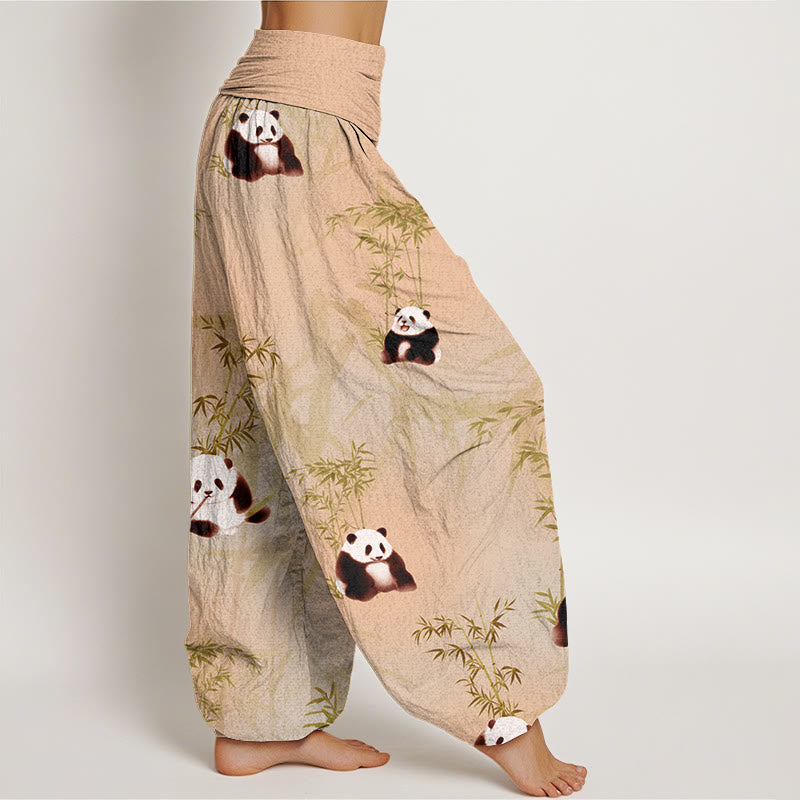 Buddha Stones Panda Bamboo Pattern Women's Elastic Waist Harem Pants