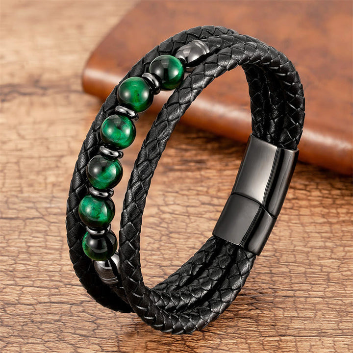 Buddha Stones Tiger Eye Lava Rock Hematite Black Onyx Bead Positive Leather Bracelet - Green Tiger Eye - 18-22cm - image 1