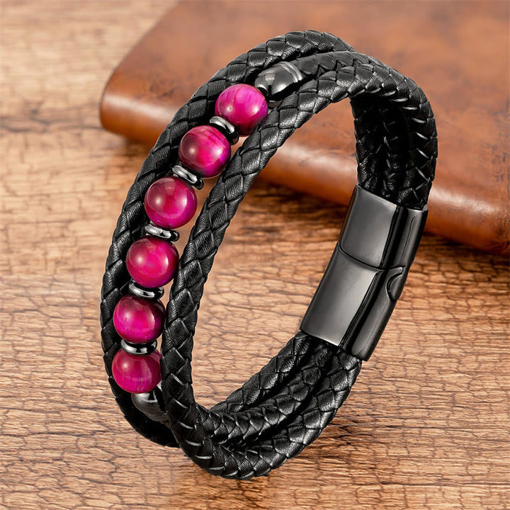 Buddha Stones Tiger Eye Lava Rock Hematite Black Onyx Bead Positive Leather Bracelet - Rose Red Tiger Eye - 18-22cm - image 4