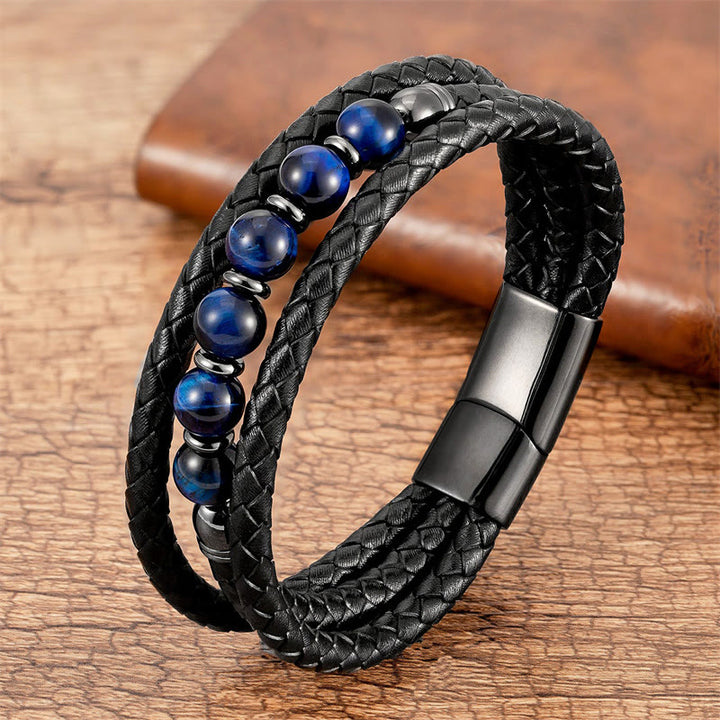 Buddha Stones Tiger Eye Lava Rock Hematite Black Onyx Bead Positive Leather Bracelet - Blue Tiger Eye - 18-22cm - image 7