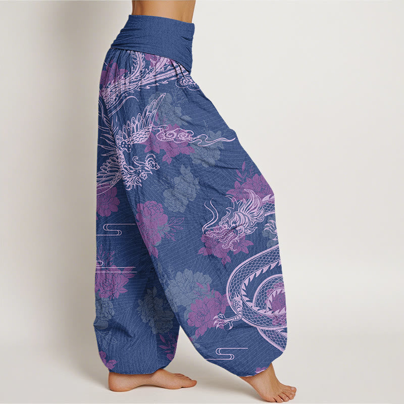 Buddha Stones Dragons Roses Auspicious Clouds Phoenix Women's Elastic Waist Harem Pants