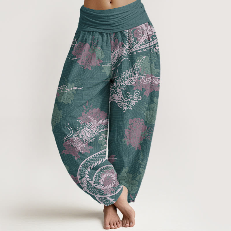 Buddha Stones Dragons Roses Auspicious Clouds Phoenix Women's Elastic Waist Harem Pants