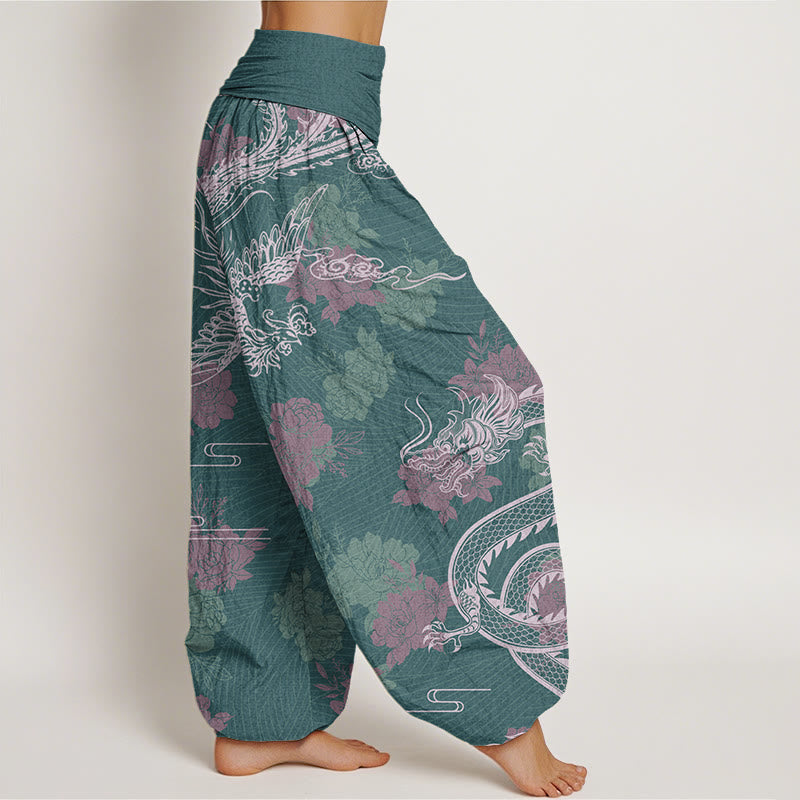 Buddha Stones Dragons Roses Auspicious Clouds Phoenix Women's Elastic Waist Harem Pants