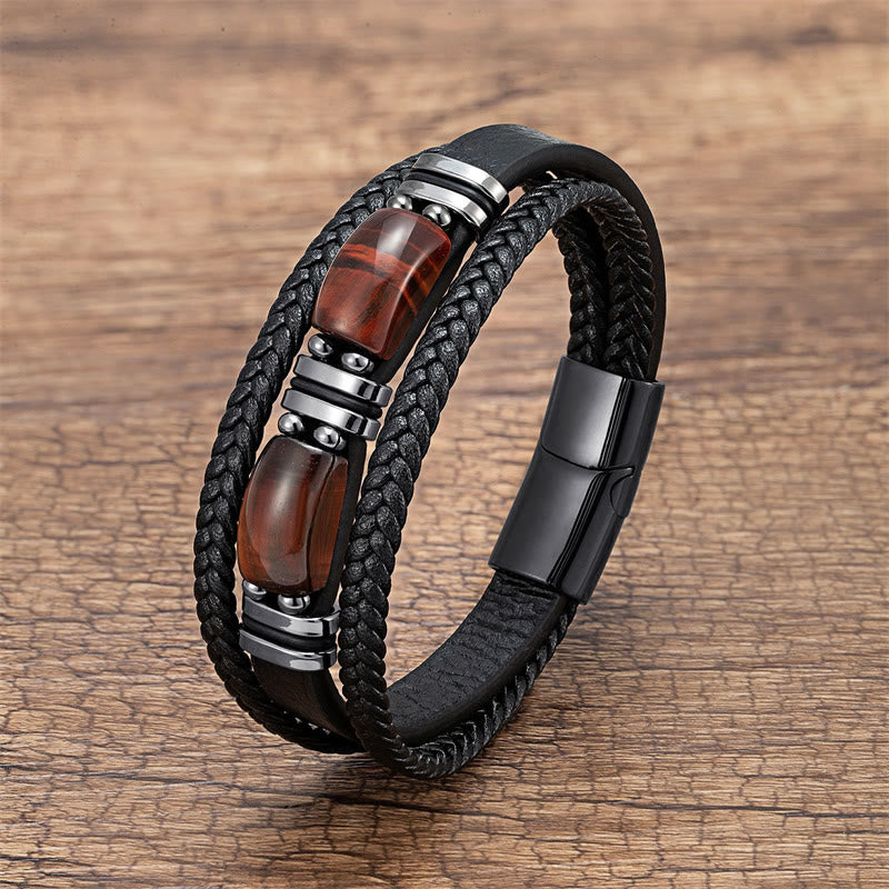 Buddha Stones Tiger Eye Stone Courage Willpower Multi-layer Leather Bracelet - Brown-Red Tiger Eye - 18-22cm - image 5
