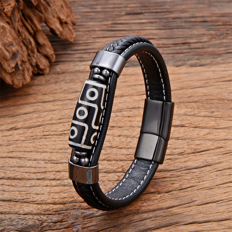 Buddha Stones Tibetan Nine-Eye Dzi Bead Wealth Leather Buckle Bracelet - Black - 18-22cm - image 1