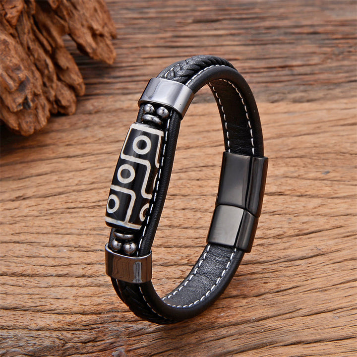 Buddha Stones Tibetan Nine-Eye Dzi Bead Wealth Leather Buckle Bracelet - Black - 18-22cm - image 1