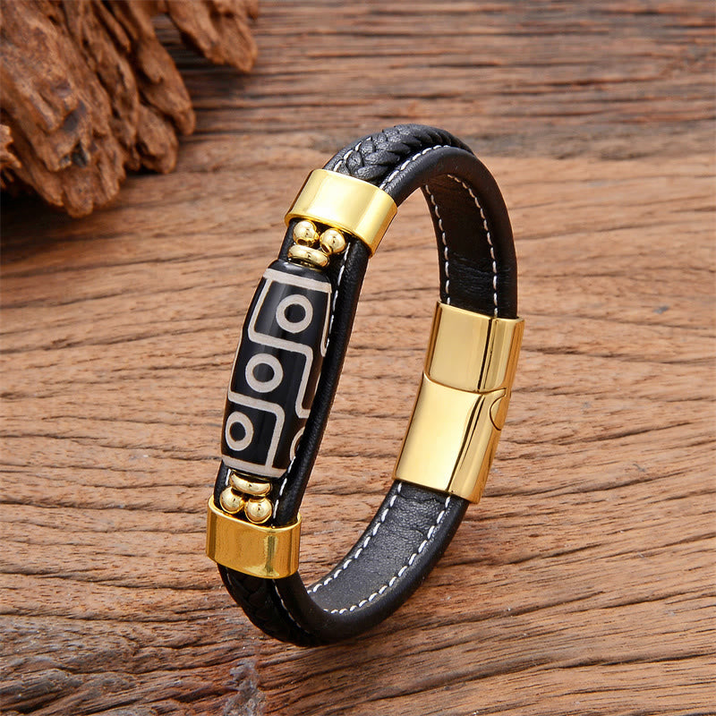 Buddha Stones Tibetan Nine-Eye Dzi Bead Wealth Leather Buckle Bracelet - Gold - 18-22cm - image 2
