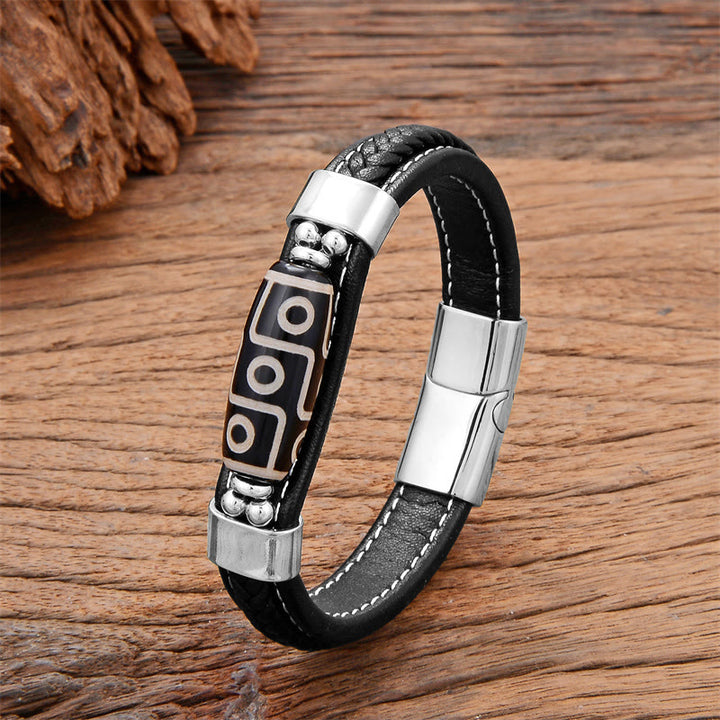 Buddha Stones Tibetan Nine-Eye Dzi Bead Wealth Leather Buckle Bracelet - Silver - 18-22cm - image 4