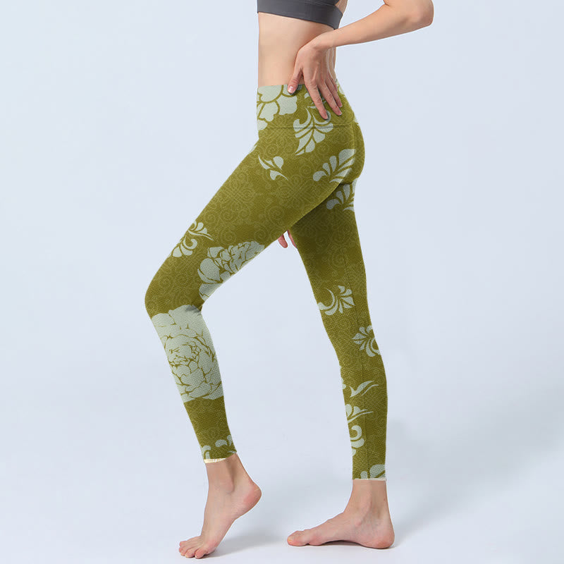 Buddha Stones Monochrome Flowers Print Gym Leggings Women's Yoga Pants