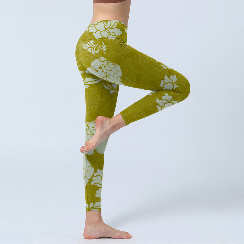 Buddha Stones Monochrome Flowers Print Gym Leggings Women's Yoga Pants