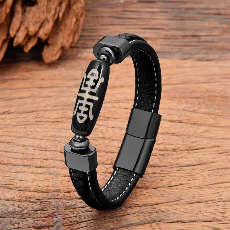 Buddha Stones Tibetan Dzi Bead Protection Blessings Leather Bracelet - Beige Dzi Bead - 18-22cm - image 2