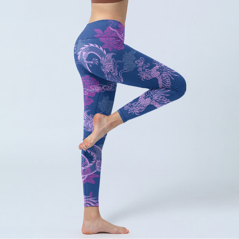 Buddha Stones Purple Dragon Phoenix Flowers Print Gym Leggings Women's Yoga Pants