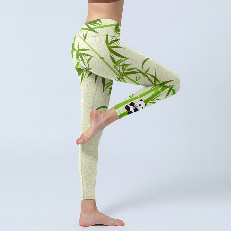 Buddha Stones Lush Bamboo Panda Auspicious Cloud Waves Print Gym Leggings Women's Yoga Pants - image 4
