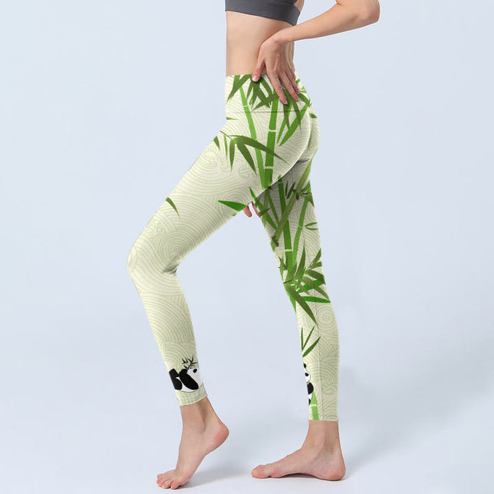 Buddha Stones Lush Bamboo Panda Auspicious Cloud Waves Print Gym Leggings Women's Yoga Pants