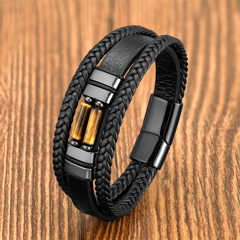 Buddha Stones Tiger Eye Lazurite Hematite Picture Jasper Black Onyx Strength Multi-layer Leather Bracelet - Tiger Eye - 18-22cm - image 1