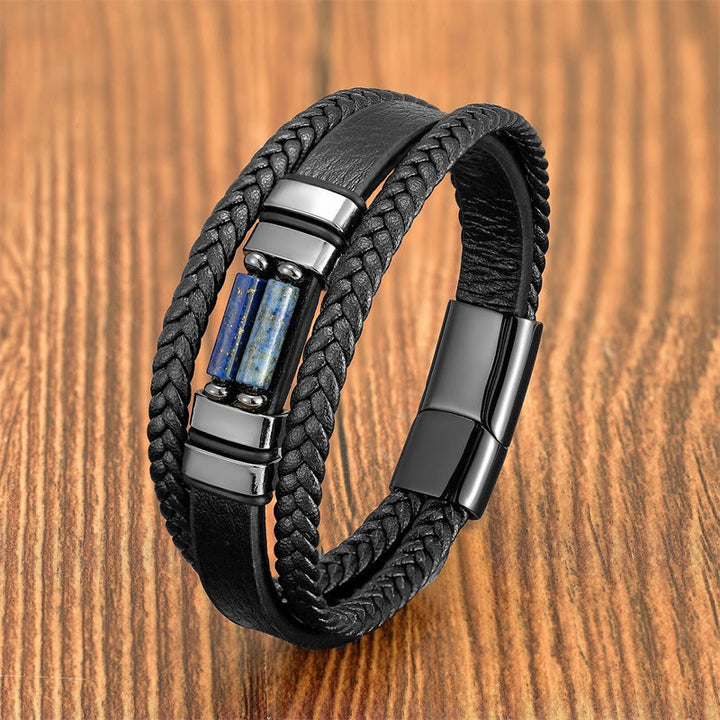 Buddha Stones Tiger Eye Lazurite Hematite Picture Jasper Black Onyx Strength Multi-layer Leather Bracelet - Lazurite - 18-22cm - image 5