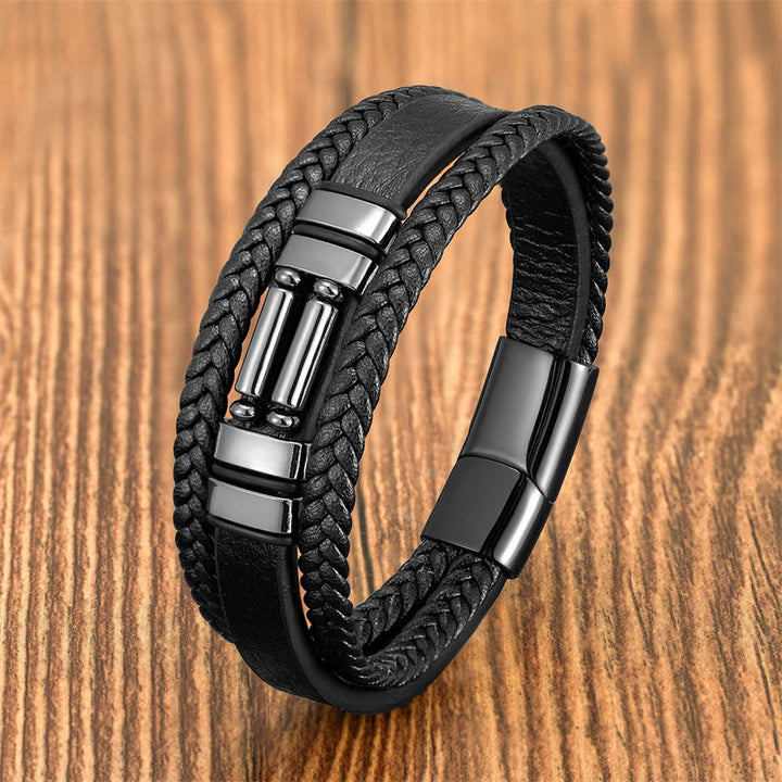 Buddha Stones Tiger Eye Lazurite Hematite Picture Jasper Black Onyx Strength Multi-layer Leather Bracelet - Hematite - 18-22cm - image 8