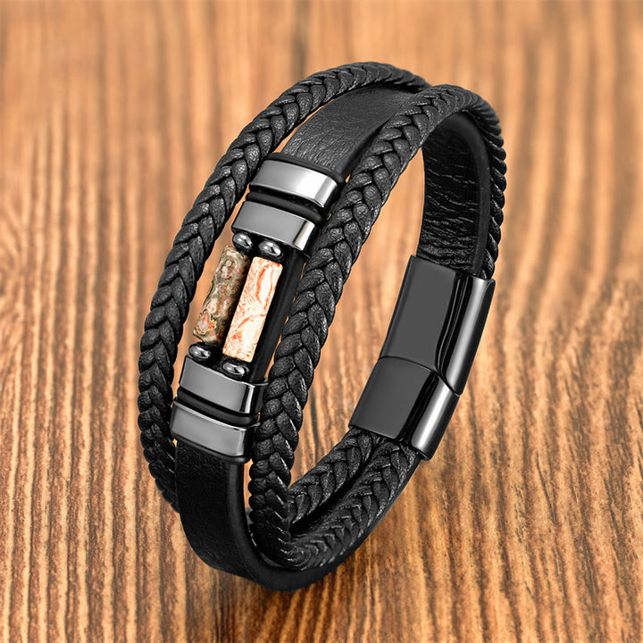 Buddha Stones Tiger Eye Lazurite Hematite Picture Jasper Black Onyx Strength Multi-layer Leather Bracelet - Picture Jasper - 18-22cm - image 10