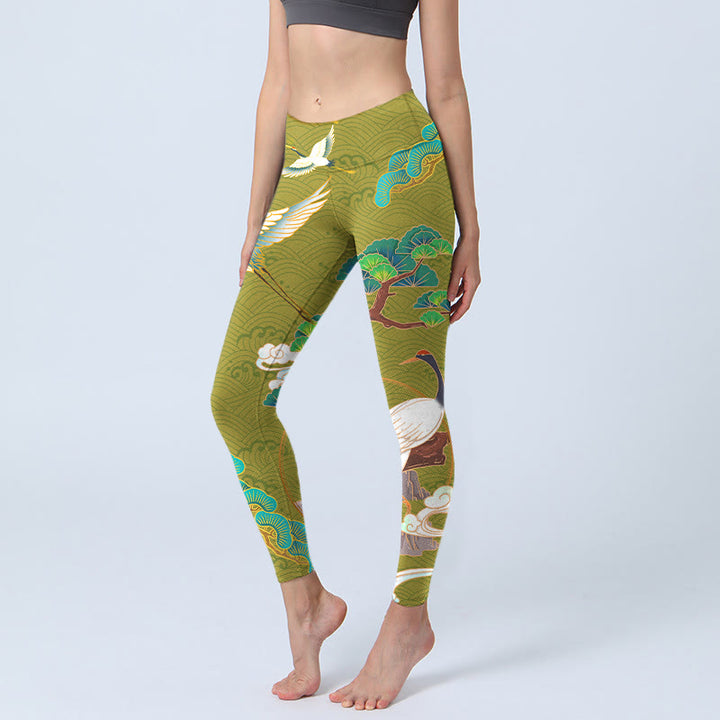 Buddha Stones Flying Cranes Auspicious Clouds Trees Print Gym Leggings Women's Yoga Pants