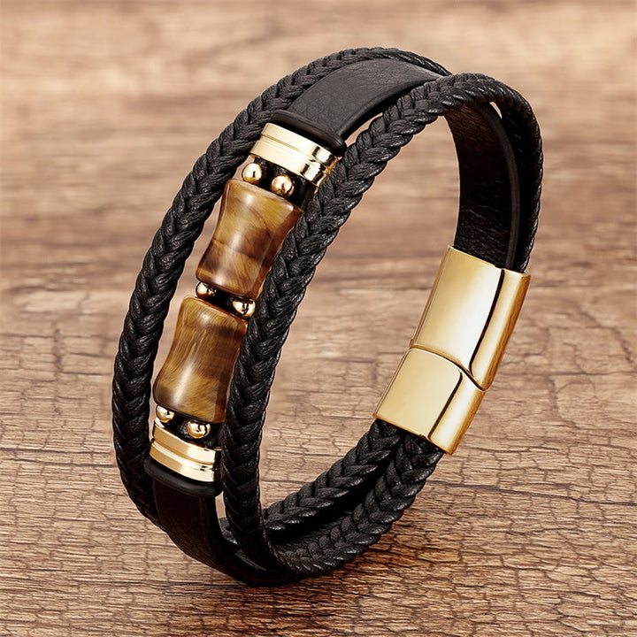 Buddha Stones Tiger Eye Bamboo Stone Integrity Courage Multi-layer Leather Bracelet