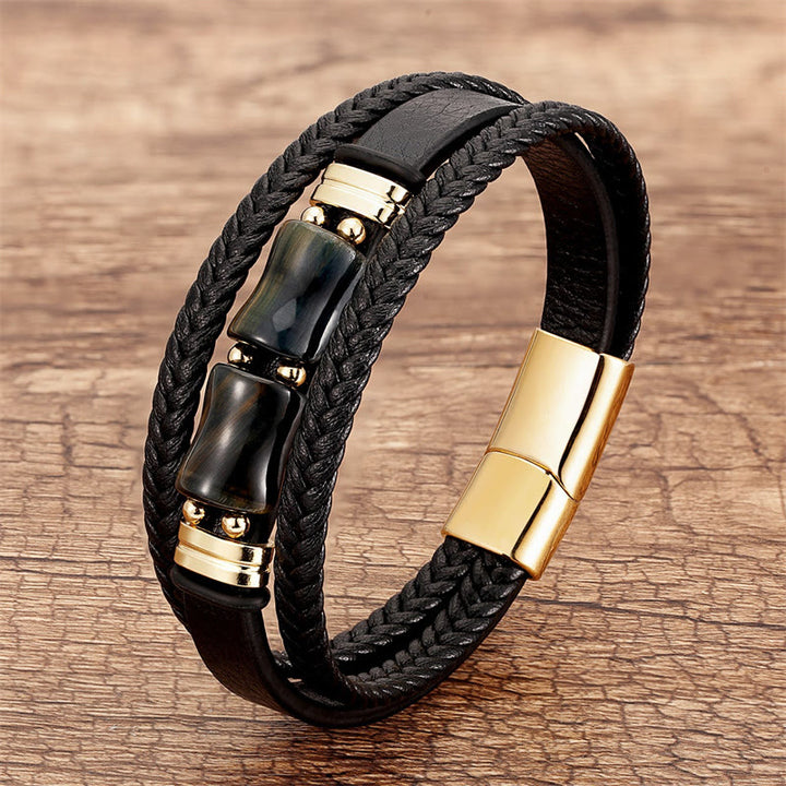 Buddha Stones Tiger Eye Bamboo Stone Integrity Courage Multi-layer Leather Bracelet - Black-Yellow Tiger Eye - 18-22cm - image 7