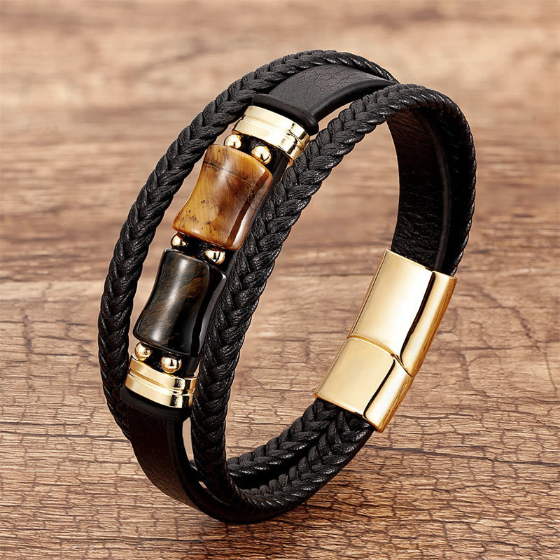 Buddha Stones Tiger Eye Bamboo Stone Integrity Courage Multi-layer Leather Bracelet