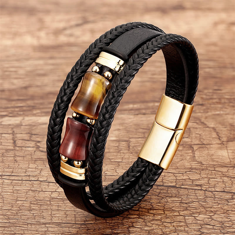 Buddha Stones Tiger Eye Bamboo Stone Integrity Courage Multi-layer Leather Bracelet - Yellow-Brown-Red Tiger Eye - 18-22cm - image 10