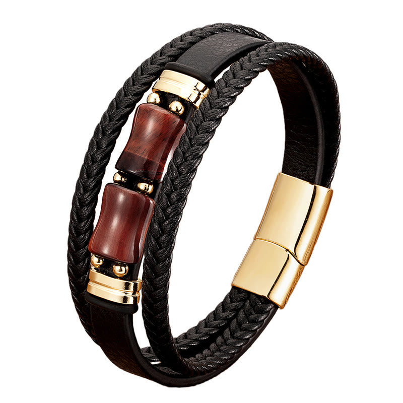 Buddha Stones Tiger Eye Bamboo Stone Integrity Courage Multi-layer Leather Bracelet