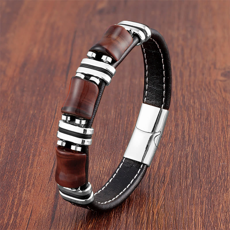 Buddha Stones Tiger Eye Three Bamboo Stone Protection Power Leather Bracelet