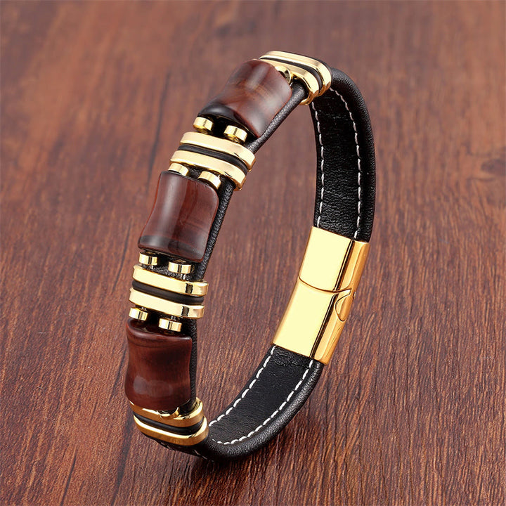 Buddha Stones Tiger Eye Three Bamboo Stone Protection Power Leather Bracelet - Brown-Red Tiger Eye-Gold - 18-22cm - image 10