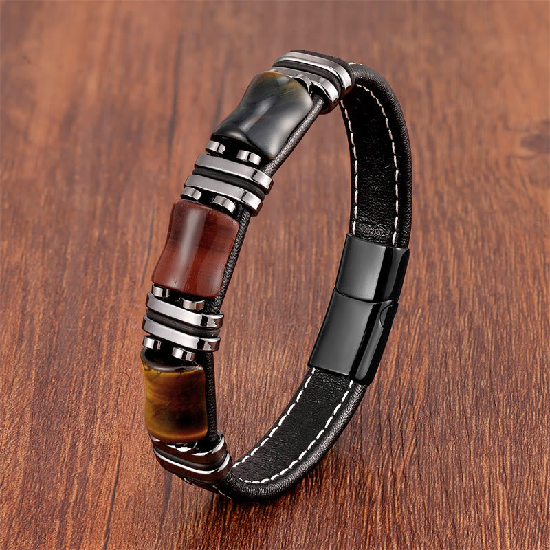 Buddha Stones Tiger Eye Three Bamboo Stone Protection Power Leather Bracelet - Yellow-Brown-Red-Black Tiger Eye-Black - 21-22cm - image 15