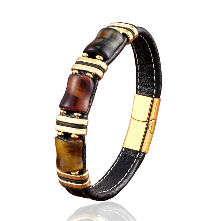 Buddha Stones Tiger Eye Three Bamboo Stone Protection Power Leather Bracelet