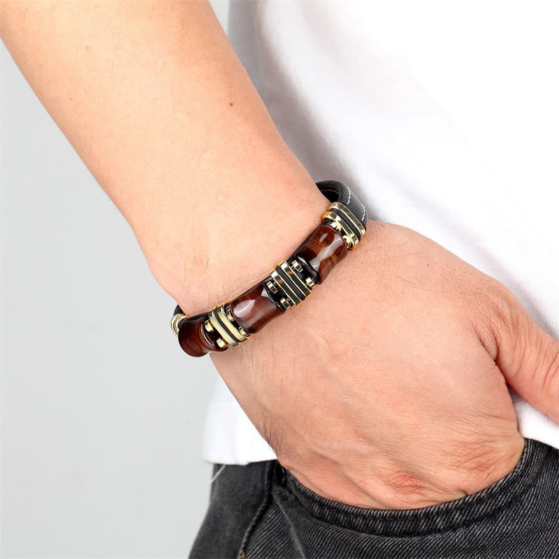 Buddha Stones Tiger Eye Three Bamboo Stone Protection Power Leather Bracelet