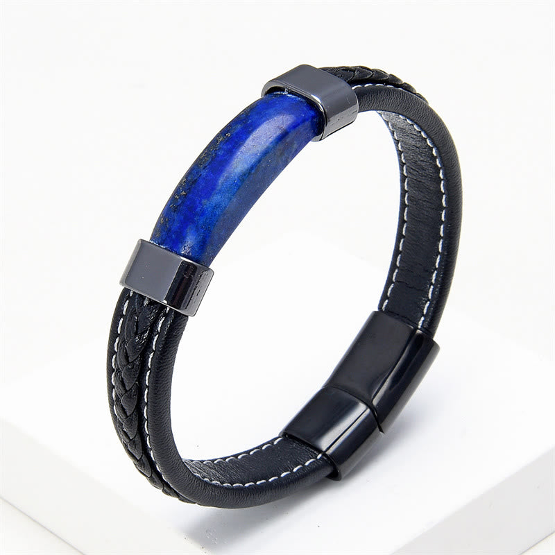 Buddha Stones Lazurite Lapis Lazuli Tiger Eye Rhodonite Hematite Black Onyx Stone Balance Leather Bracelet - Lazurite - 18-22cm - image 0