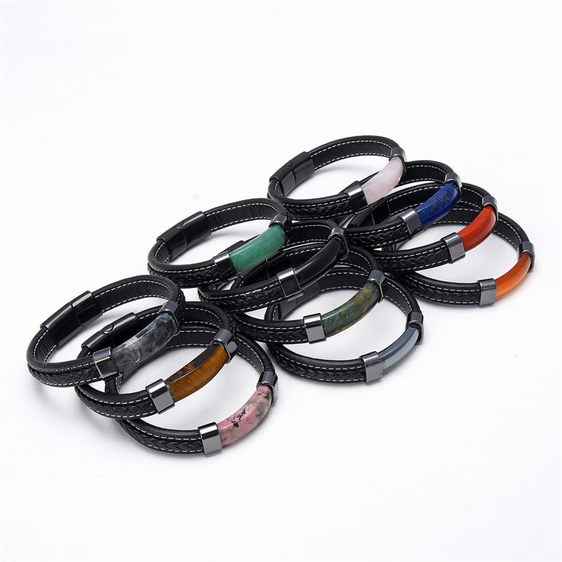 Buddha Stones Lazurite Tiger Eye Rhodonite Hematite Black Onyx Stone Balance Leather Bracelet - image 2