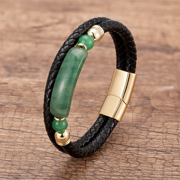Buddha Stones Green Aventurine Tiger Eye Green Agate Black Onyx Hematite Stone Luck Leather Magnetic Buckle Bracelet - Gold - Green Aventurine - 18-22cm - image 1