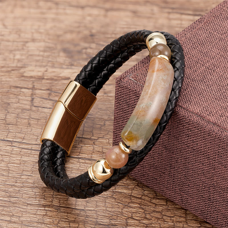 Buddha Stones Green Aventurine Tiger Eye Green Agate Black Onyx Hematite Stone Luck Leather Magnetic Buckle Bracelet - Gold - Agate - 18-22cm - image 8
