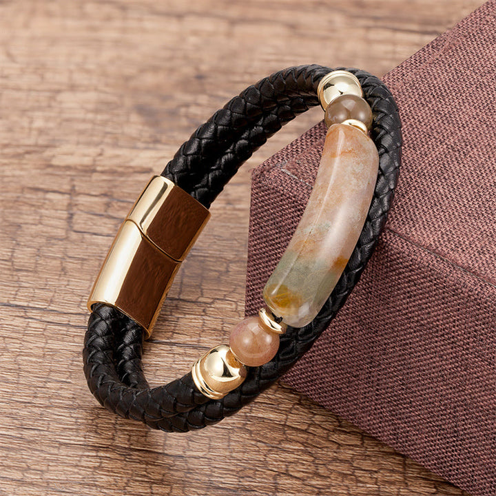 Buddha Stones Green Aventurine Tiger Eye Green Agate Black Onyx Hematite Stone Luck Leather Magnetic Buckle Bracelet - Gold - Agate - 18-22cm - image 8