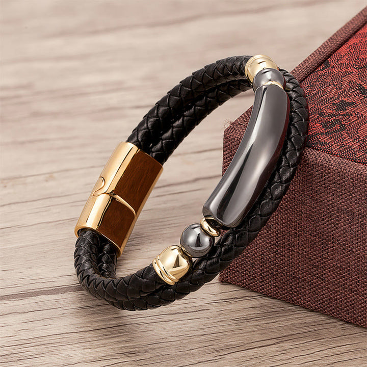 Buddha Stones Green Aventurine Tiger Eye Green Agate Black Onyx Hematite Stone Luck Leather Magnetic Buckle Bracelet - Gold - Hematite - 18-22cm - image 18