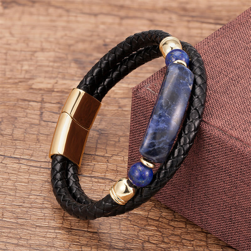 Buddha Stones Green Aventurine Tiger Eye Green Agate Black Onyx Hematite Stone Luck Leather Magnetic Buckle Bracelet - Gold - Lazurite - 18-22cm - image 20