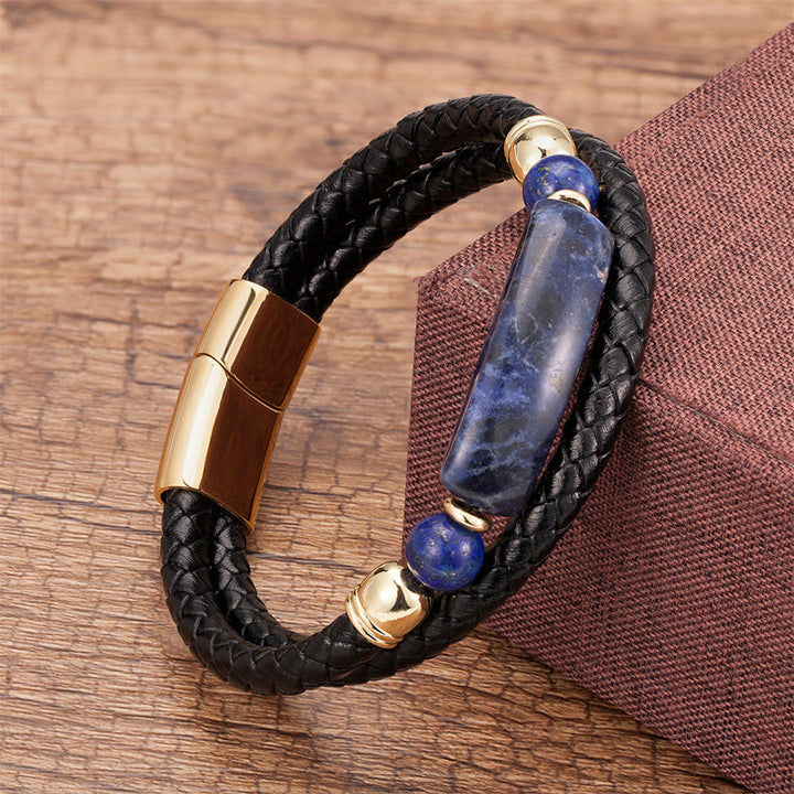 Buddha Stones Green Aventurine Tiger Eye Green Agate Black Onyx Hematite Stone Luck Leather Magnetic Buckle Bracelet - Gold - Lazurite - 18-22cm - image 20