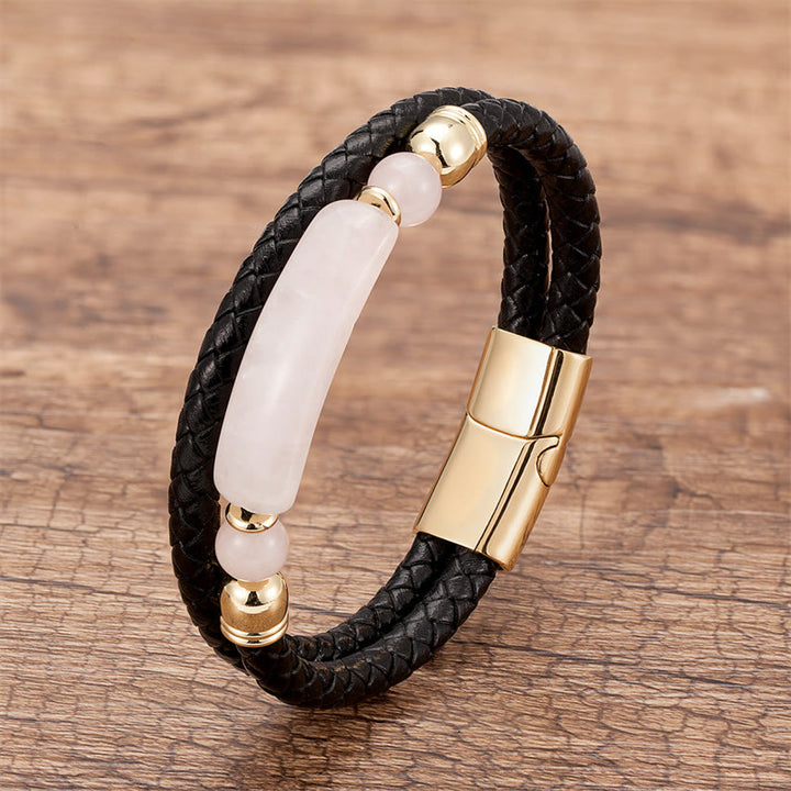 Buddha Stones Green Aventurine Tiger Eye Green Agate Black Onyx Hematite Stone Luck Leather Magnetic Buckle Bracelet - Gold - Rose Quartz - 18-22cm - image 23